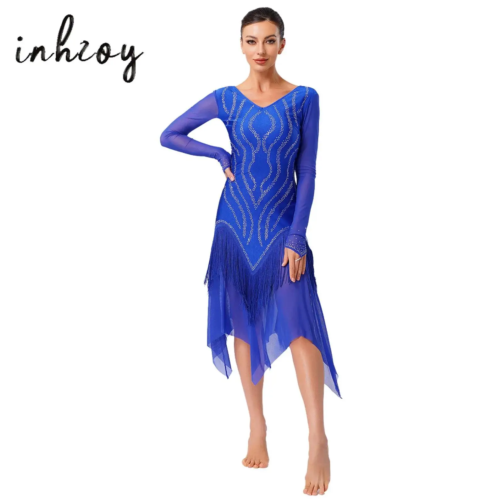 

Women Shiny Rhinestones Latin Dance Costume Long Sleeve Tassels Irregular Hem Dress for Tango Rumba Dance Party Prom Dancewear