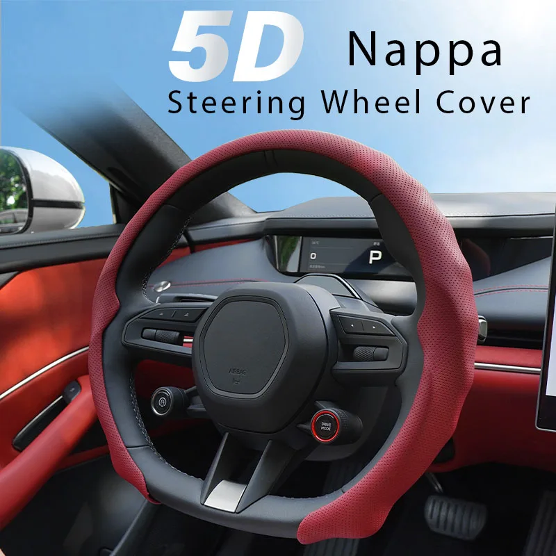 5D Nappa Leather Strap Hole Steering Wheel Cover, Breathable, Non-Slip, Ultra-Thin, and Safe. for Jeep, Tesla, Honda, Mazda, Etc