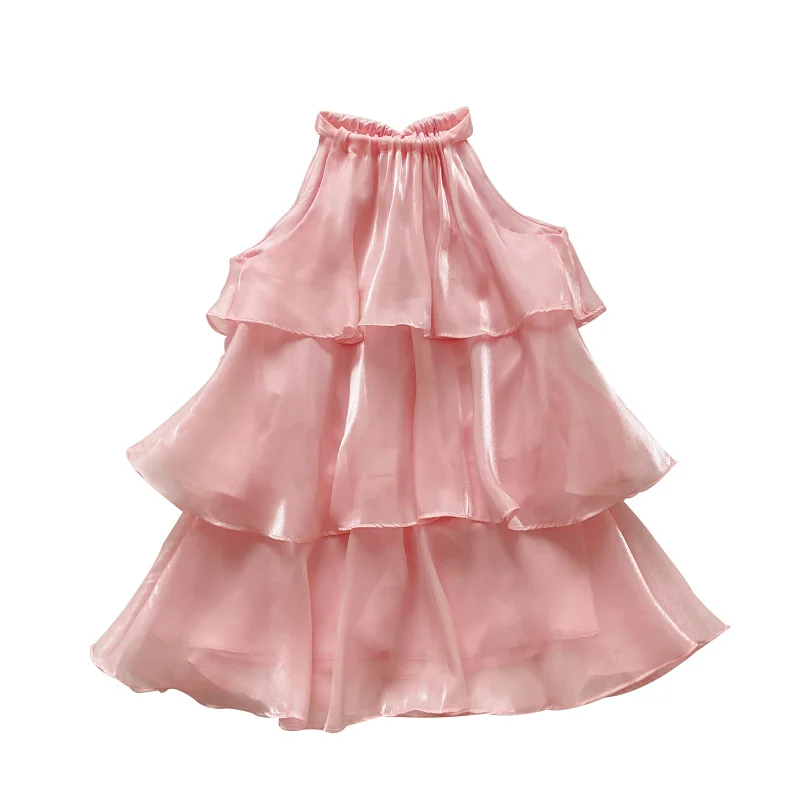 Mini vestido de renda com cabeçada, organza perolada, babado sem mangas, bolo em camadas, boneca linha A, vestido de fada, festa, verão