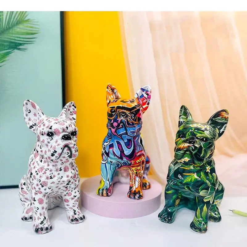 

Colorful Graffiti Bulldog Statue Punk Artwork Resin Dog Sculpture Desk Ornaments Living Room Decoration Furnishings