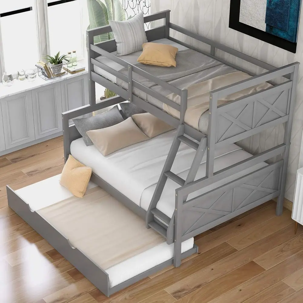Twin Over Full Wood Bunk Bed with Twin Size Trundle and Ladder, 3-in-1 Convertible to 2 Separate Beds, Solid Wood with Guardrail