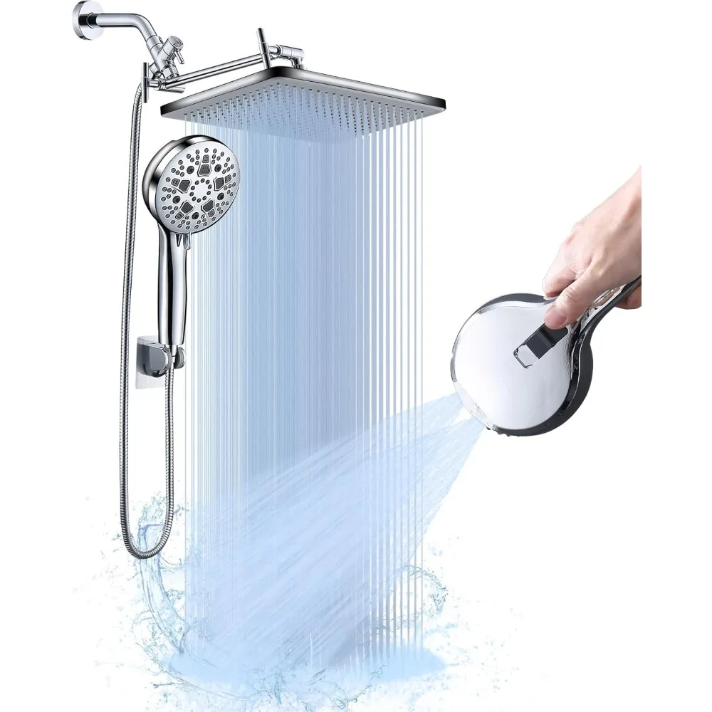 14'' High-Pressure Rain Shower Combo: 9-Mode Handheld, Adjustable Extension Arm, Long Hose, Chrome Polish