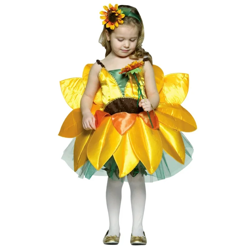 Sun Flower Cosplay Dress For Kid Girl Halloween Carnival Costume School Performance Party Fancy Show Summer Slip Dress