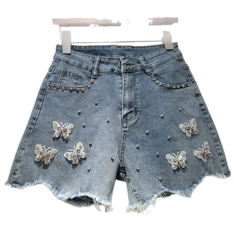 Fashion Women's Denim Shorts 2025 Summer New High Waist Diamonds Butterfly Irregular Edge Straight Short Jeans Pants Streetwear