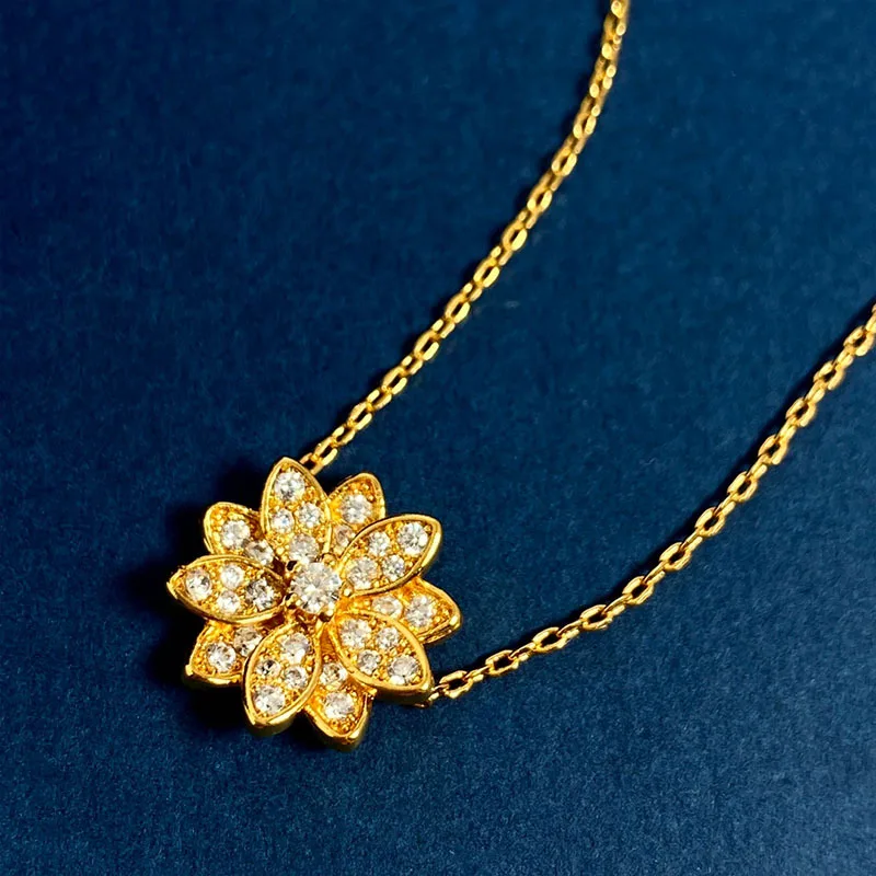 925 Sterling Silver Plating Does Not Fade Chinoiserie Lotus Full of Diamond Pendant Necklace for Women Fine Brand Jewelry Gifts