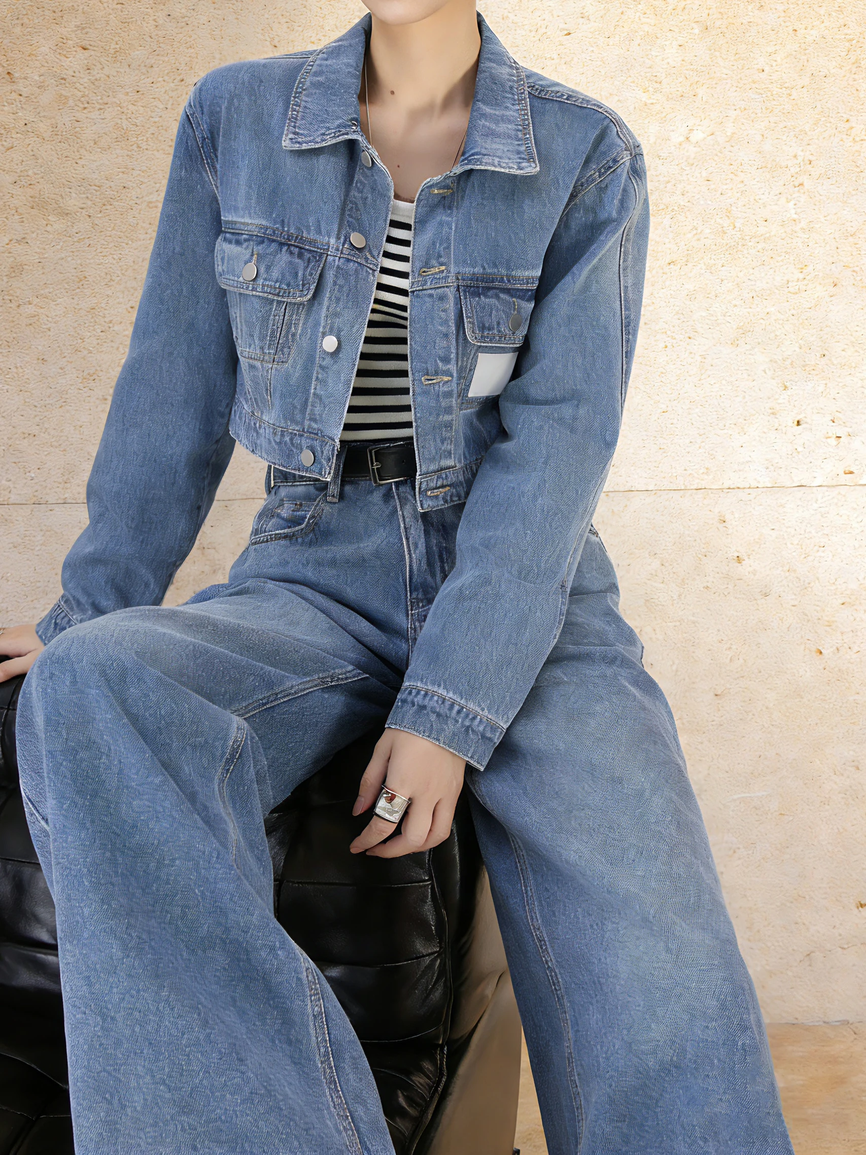 

Blue ort Denim Jaet And Wide Leg Pants Women's Faion Set Spring 2026 High Waist Trousers Casual Sle mid Weight Winter