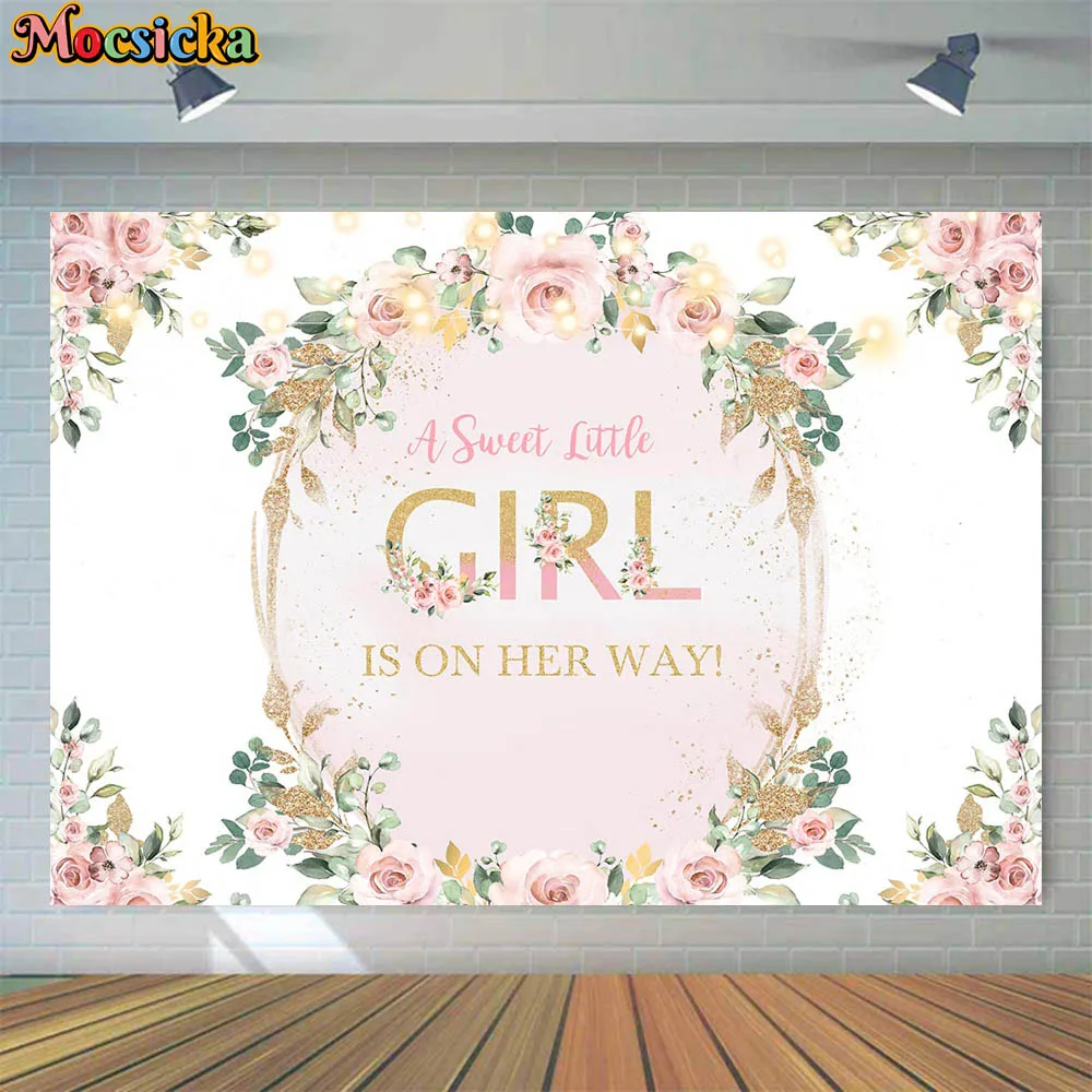 

Mocsicka Baby Shower Backdrop A Sweet Little Girl is on Her Way Photo Background for Photo Studio Photography Props Pink Flowers