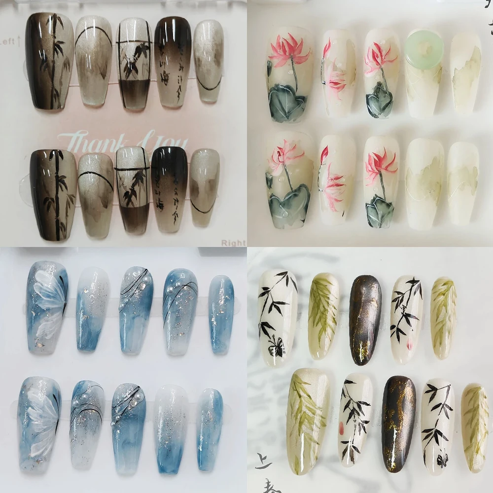 

Originality Pure Handmade Fake Nails Chinese Style Luxury Bamboo Leaf Decoration Fashion Artifical Press on Nails Woman Gift