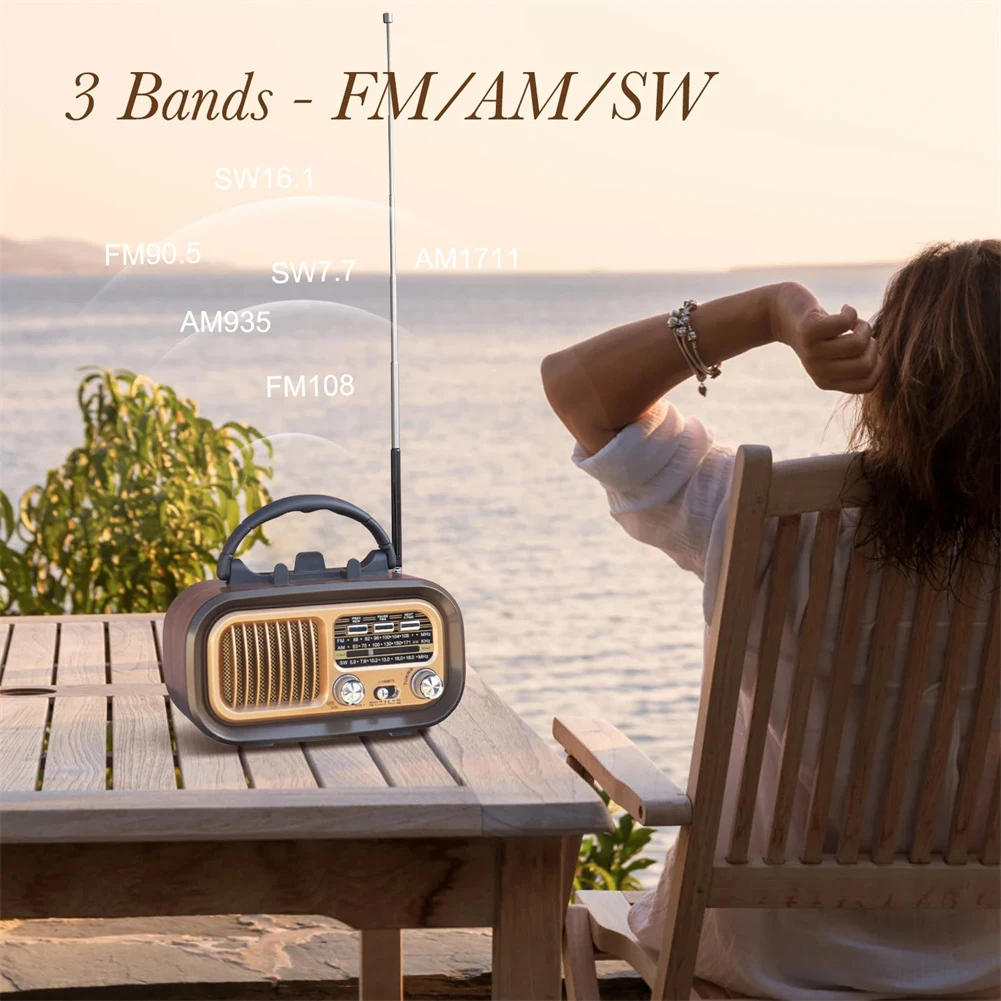 Painéis solares portáteis FM estéreo, rádio de alto-falante compatível com Bluetooth, USB recarregável, vintage 3 banda grande afinação botão rádio