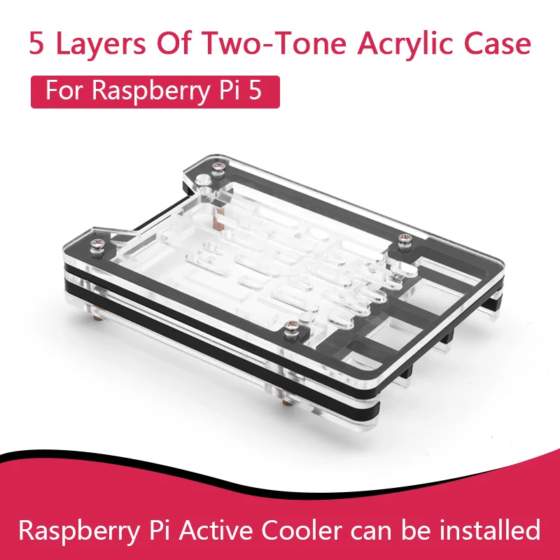 New 5 Layers Acrylic Case for Raspberry Pi 5 Transparent and Black Alternating Shell Support Installing Official Active Cooler