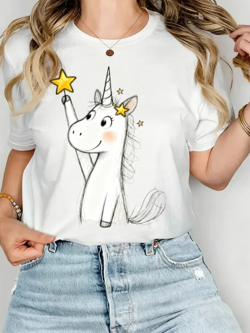 تي شيرت نسائي فضفاض مطبوع بأكمام قصيرة، نمط طباعة نجمة كرتونية حضرية، نمط طباعة، كاجوال يومي