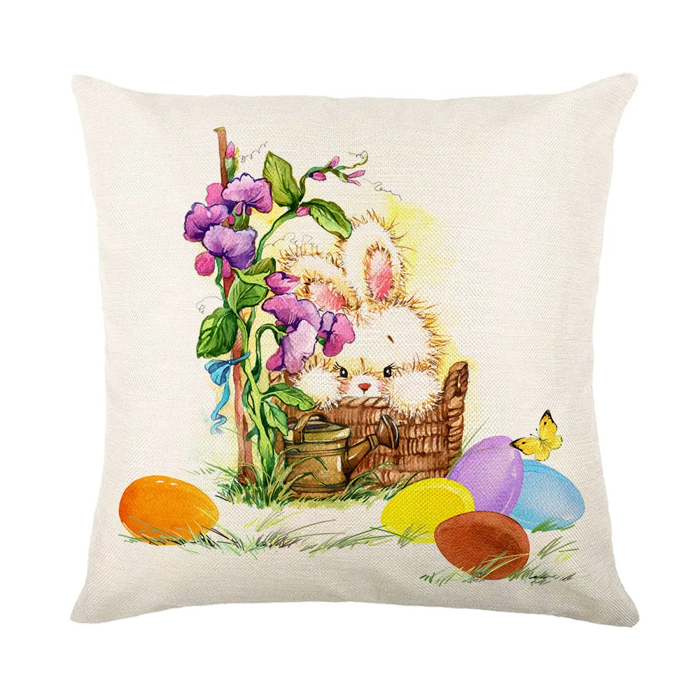 Spring Easter Home Decor Cushion Cover Flowers Bunny Eggs Printed Pillow Cover Easter Decorations Square Linen Throw Pillowcase