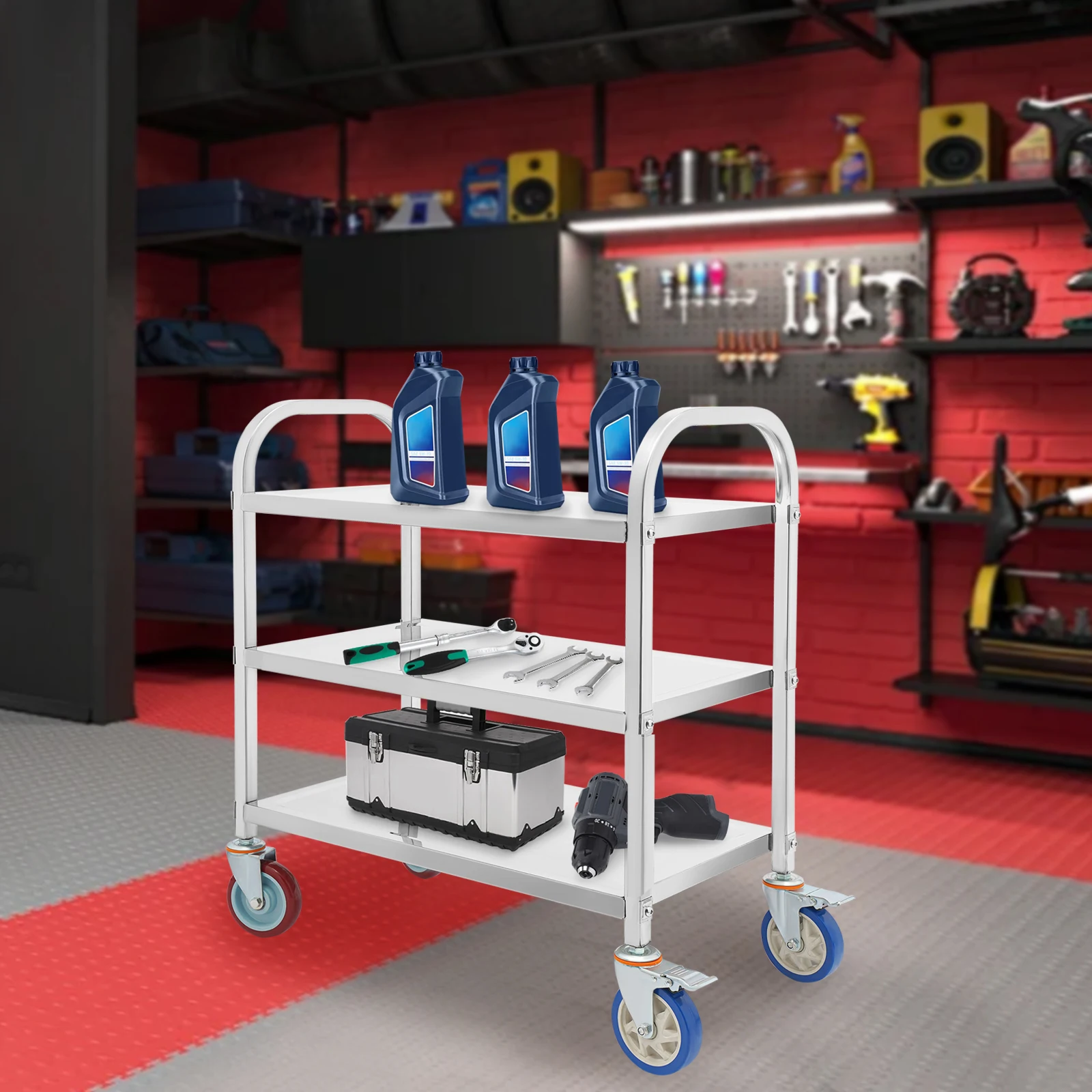 Stainless Steel Kitchen Cart, 3-Tier Mobile Workstation with Locking Wheels, 400LB Capacity for Restaurant/Home/Hotel/Café Use