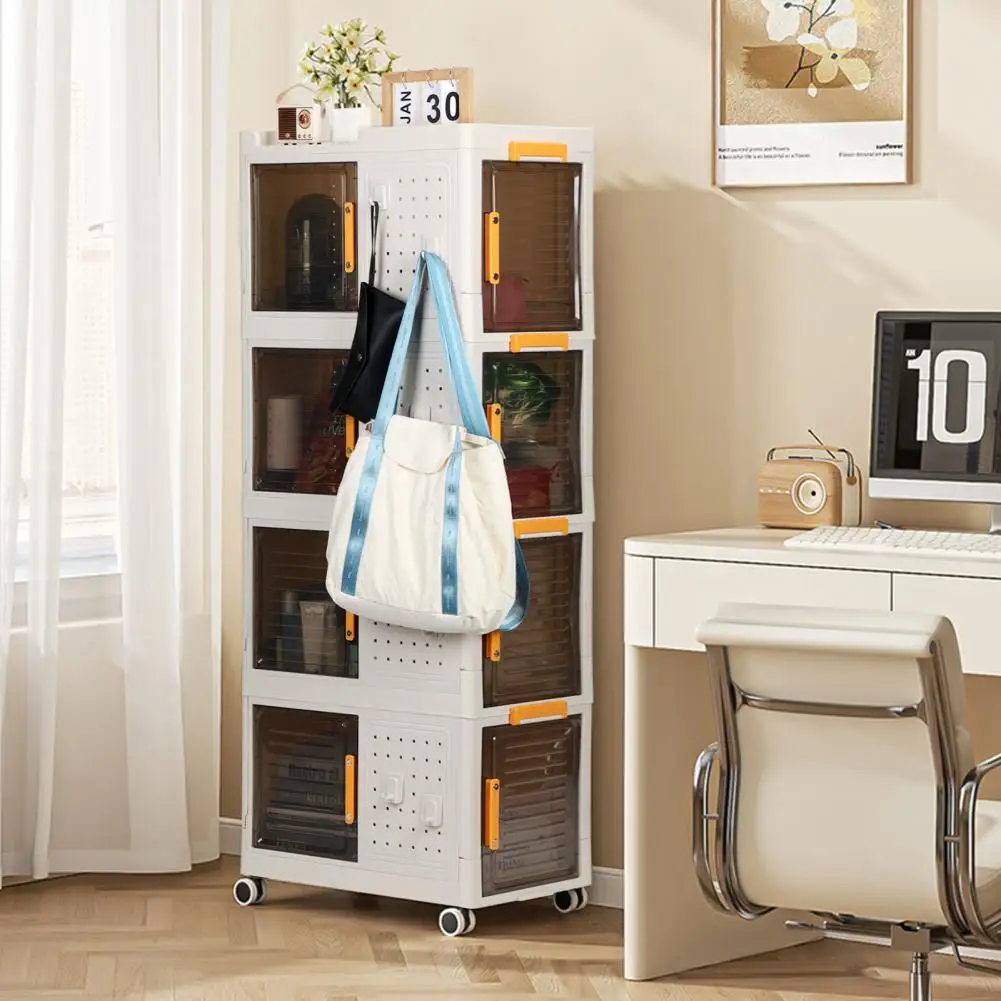 

Stackable Collapsible Storage Bins, Foldable Storage Bins, Storage Box with Lids 4-Layer, Cabinet with Wheels, Transparent Case