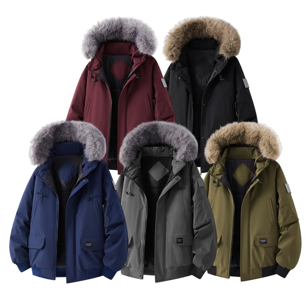

Autumn Winter New Men American-style Cotton-padded Jacket Fur Collar Thick Warm Cotton Leather Overcoat Hood Male Coat