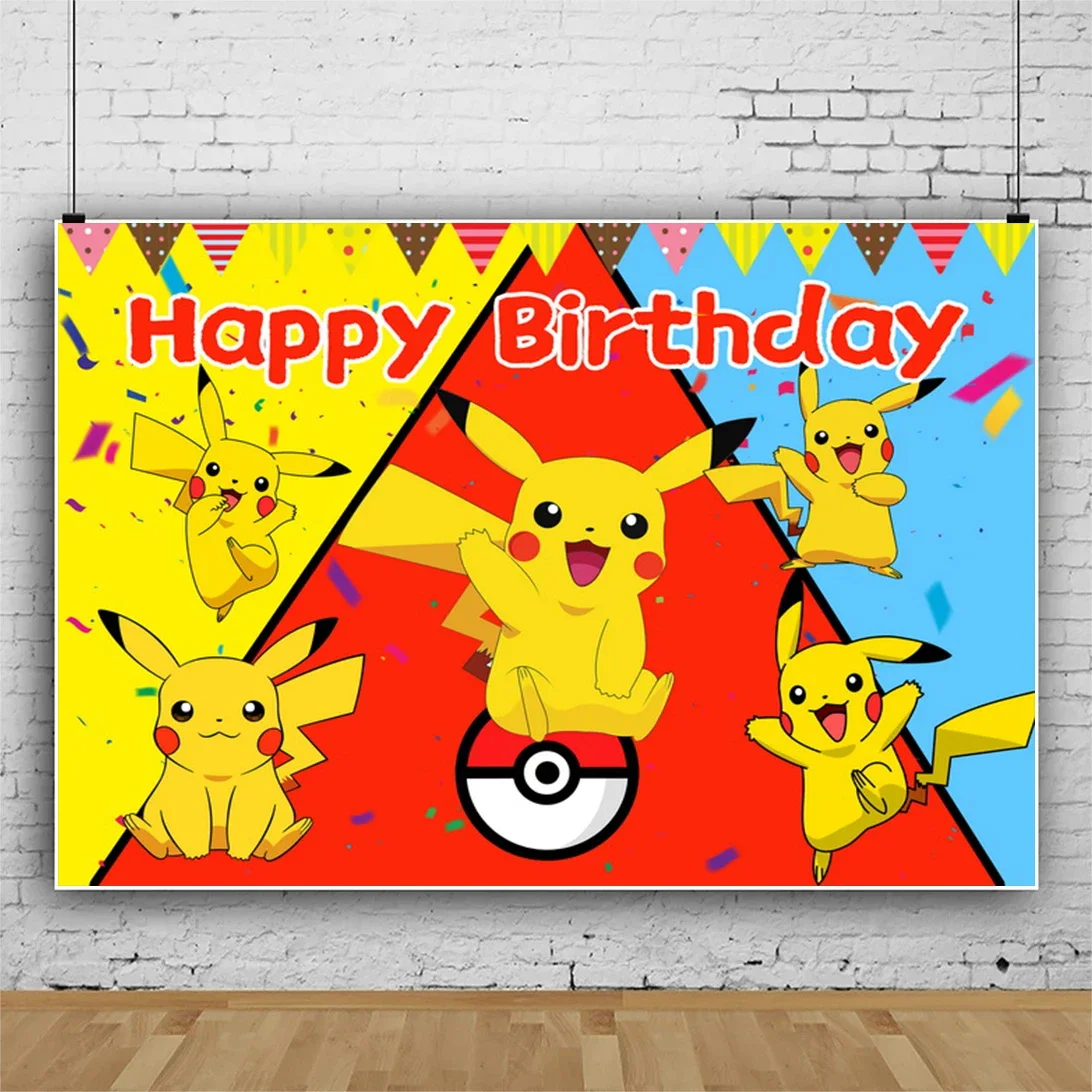 1set Cartoon Pokemon Pikachu Backdrop Decoration Children Birthday Baby Shower Boy Girl Happy Birthday Banner Party Background