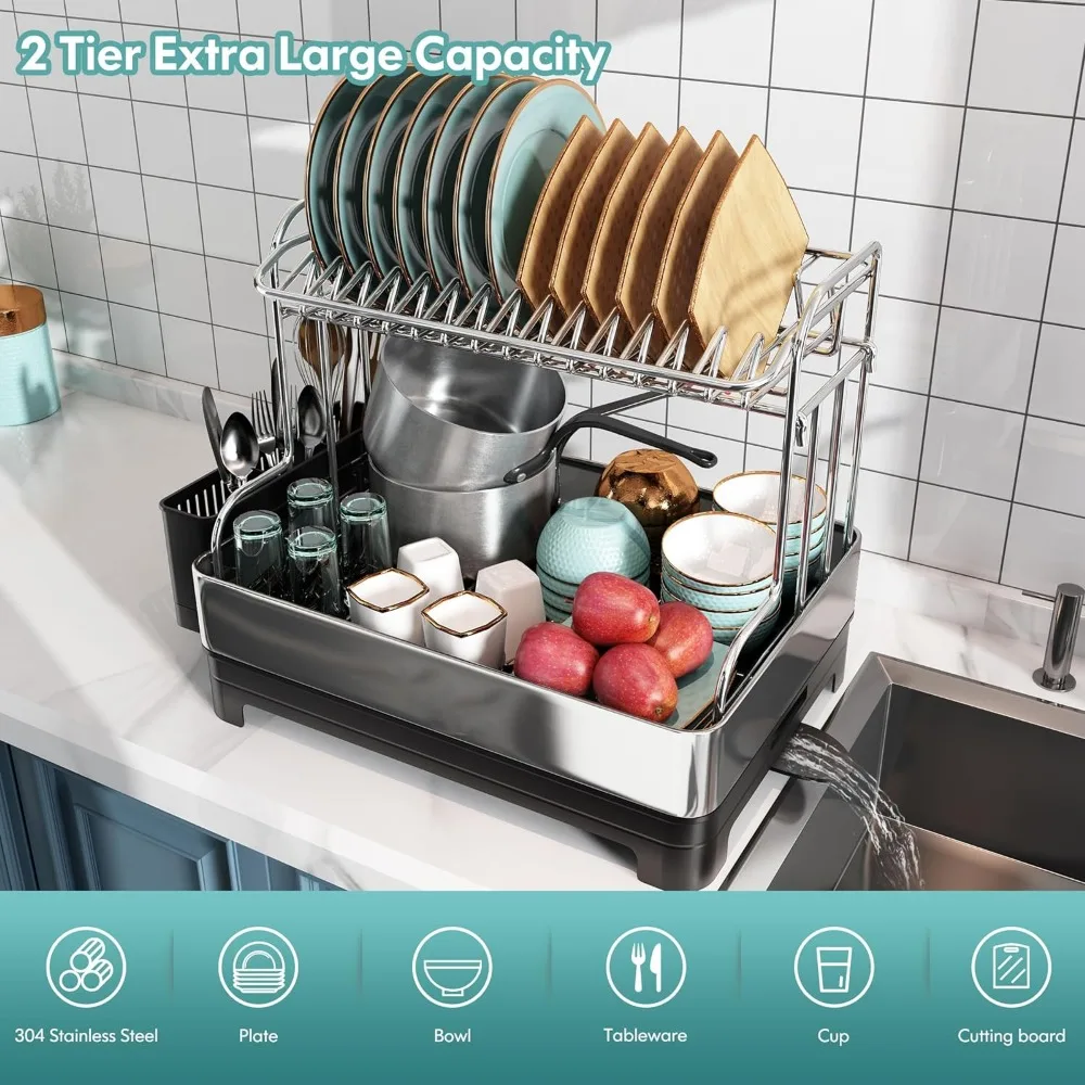 Imagem -04 - Stainless Steel Dish Drying Rack 2-tier Grande Conjunto de Drenagem com Bico Giratório Drenagem Full Size d 304