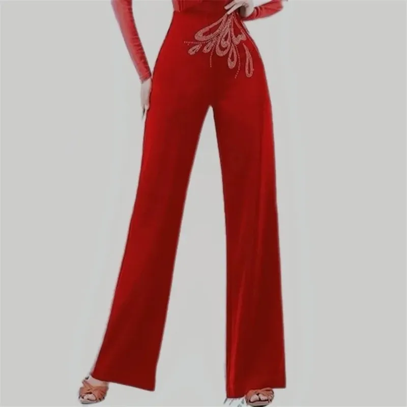 

2023 New Wide Leg Pants Latin Dance Diamond Set High Waist Fashion Slimmer Straight Barrel Ballroom Dance Chacha Woman Clothing