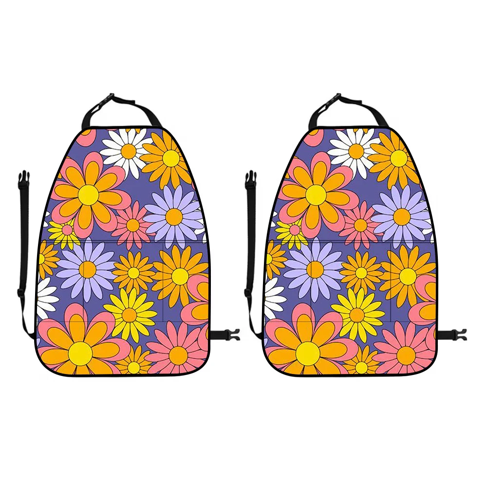 2pcs Set: Colorful Little Daisy Print Car Seat Back Covers, Rear Seat Kick Protection Mats, Rear Row Storage Bags. Suitable For