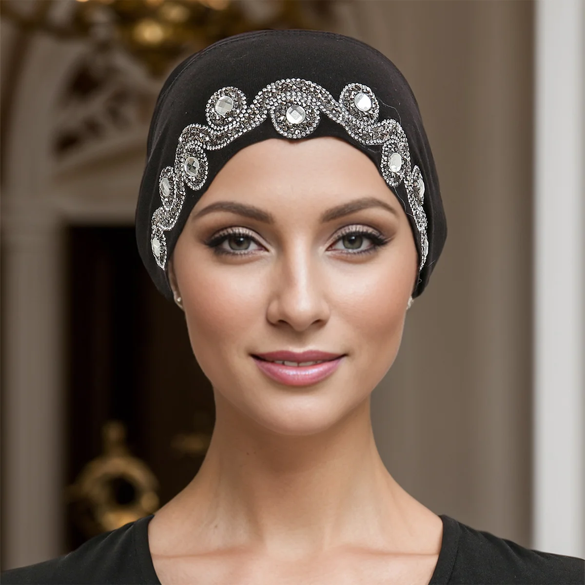 Women Shiny Rhinestone Caps Circle Diamond Fashion Curved Lace Undercaps Muslim Jersey Hijabs Turban Islam Elastic Tie Caps