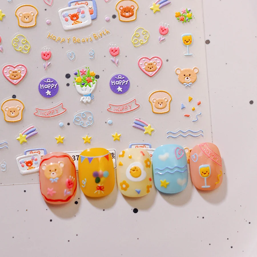 1pcs Transparent Nail Stickers Cute Bear Nail Polish Sticker 3D Bear Nail Polish Stickers Frosted Thin Tough