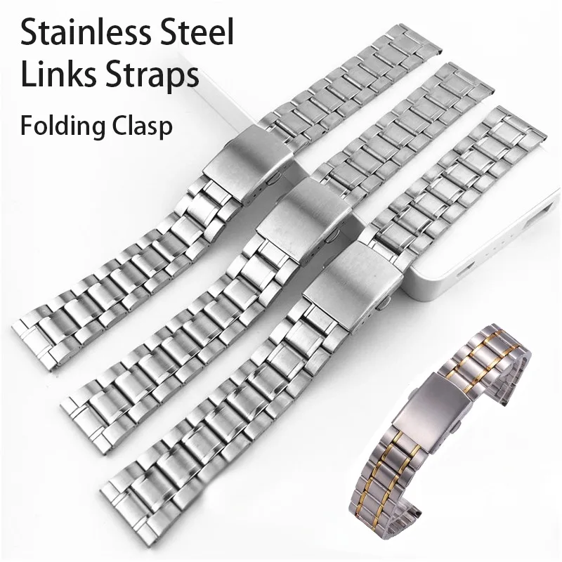 Stainless Steel Links Straps Watch Band Universal Folding Clasp Bracelets Men Women Replacement Wristbelt 12/14/16/18/20/22/24mm