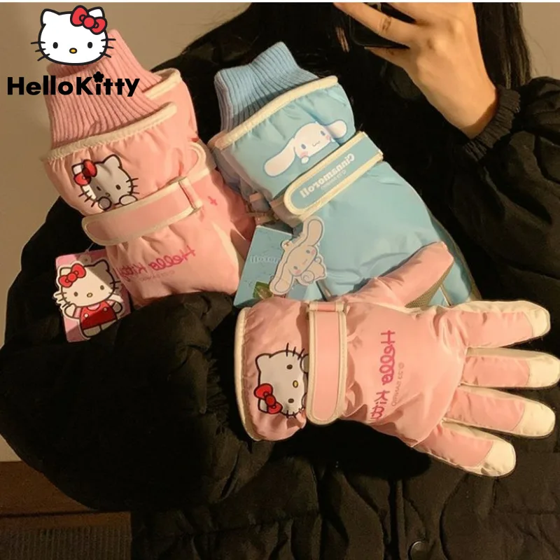 Sanrio Hello Kitty Lovely Cycling Gloves Women Pink Plush Linging Windproof And Warm Glove Girls Gift Y2k Cartoon Cute Mittens