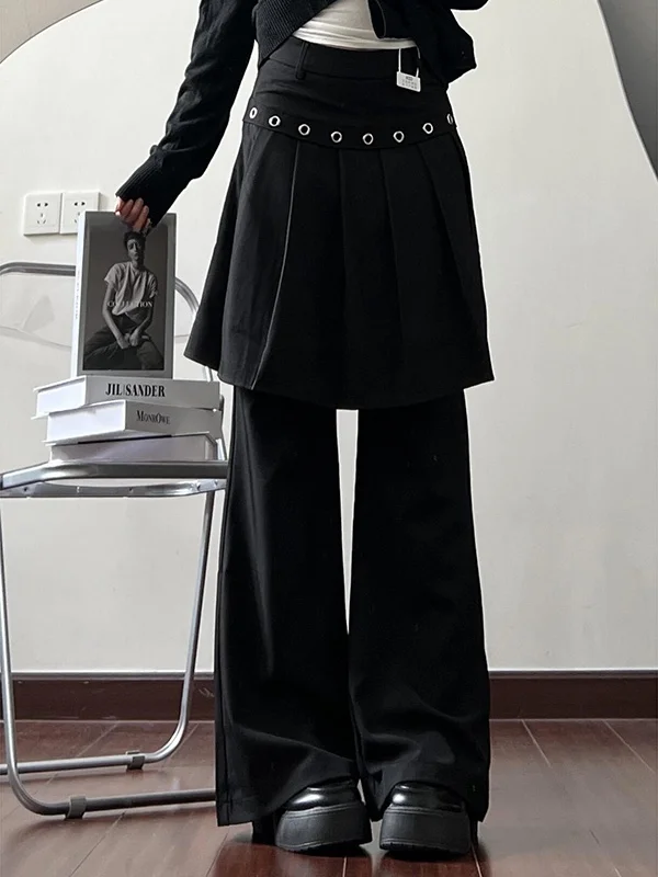 

plus Size American Casual Black Skirt Pants Women Spring Slimming Drapey Pleated Skirt Splicing Butt Curtain Pants