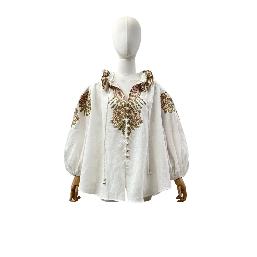 

2025 Women's Fashion New in Matching Sets White Embroidery Floral Long Sleeve Ruffles Blouse Top and Shorts