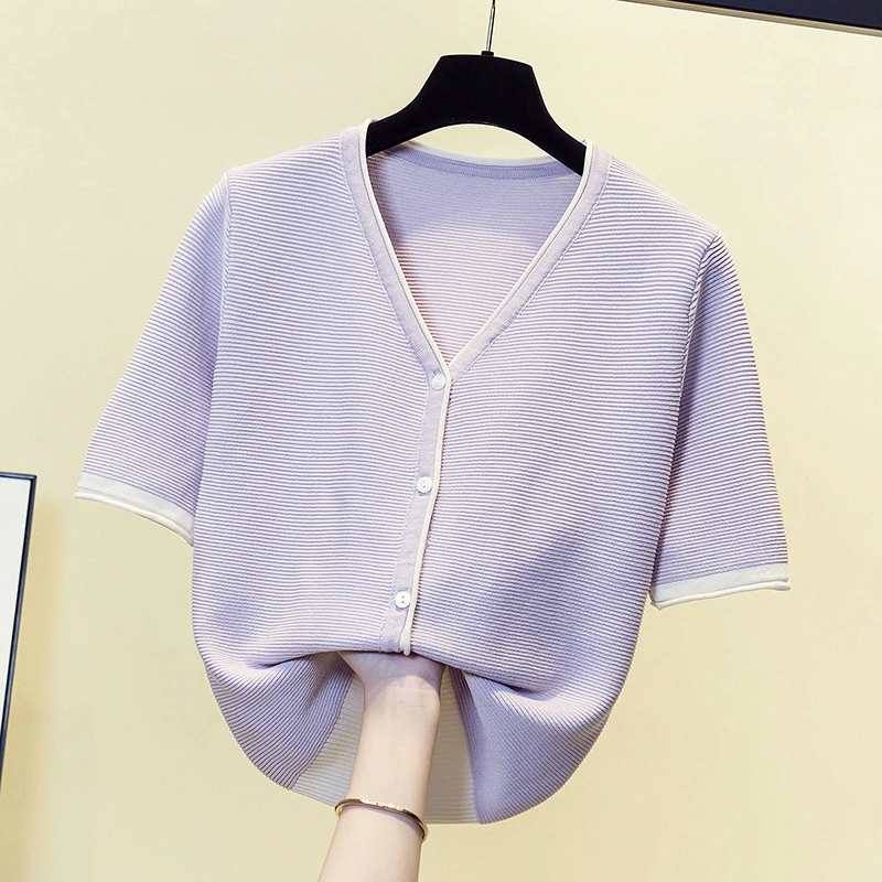 Elegant Thin Knitted Cardigan Sweater Women Short Sleeve V-neck Ice Silk Vintage Knitwear Tops Stylish Fashion Chic Jumper 2023