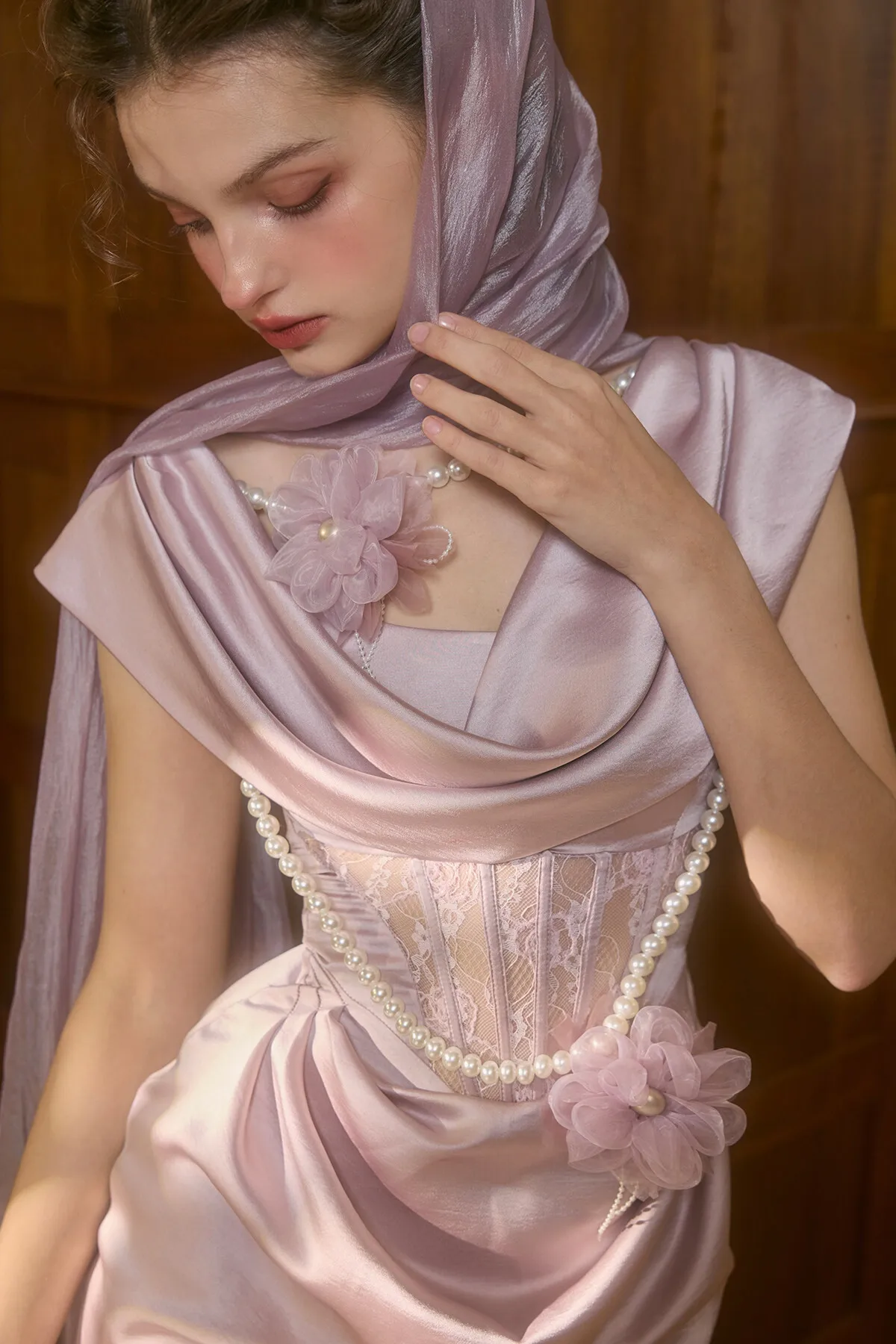 Lacemade Pink Satin Dress Summer Flutter Collar Long Skirt Romantic Elegant France Palace Lace Sashes Slim Dress Vestido Plus