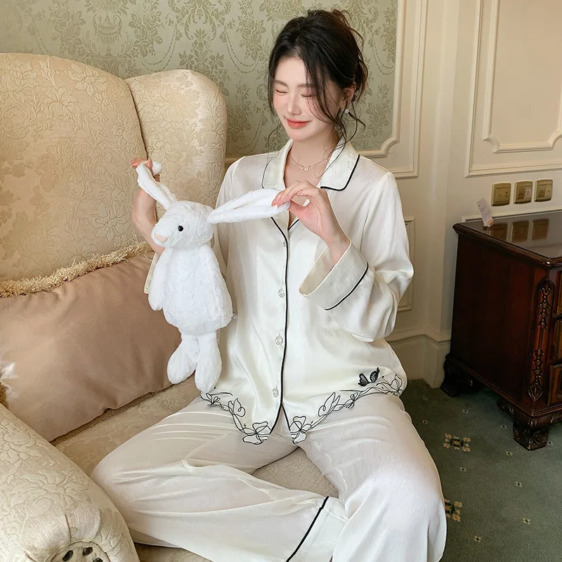 

Women French Cardigan Turn-Down Collar Sleepwear Autumn Thin Style Full Sleeves Pajamas Casual Two-Pieces Long Pants Pyjama Sets