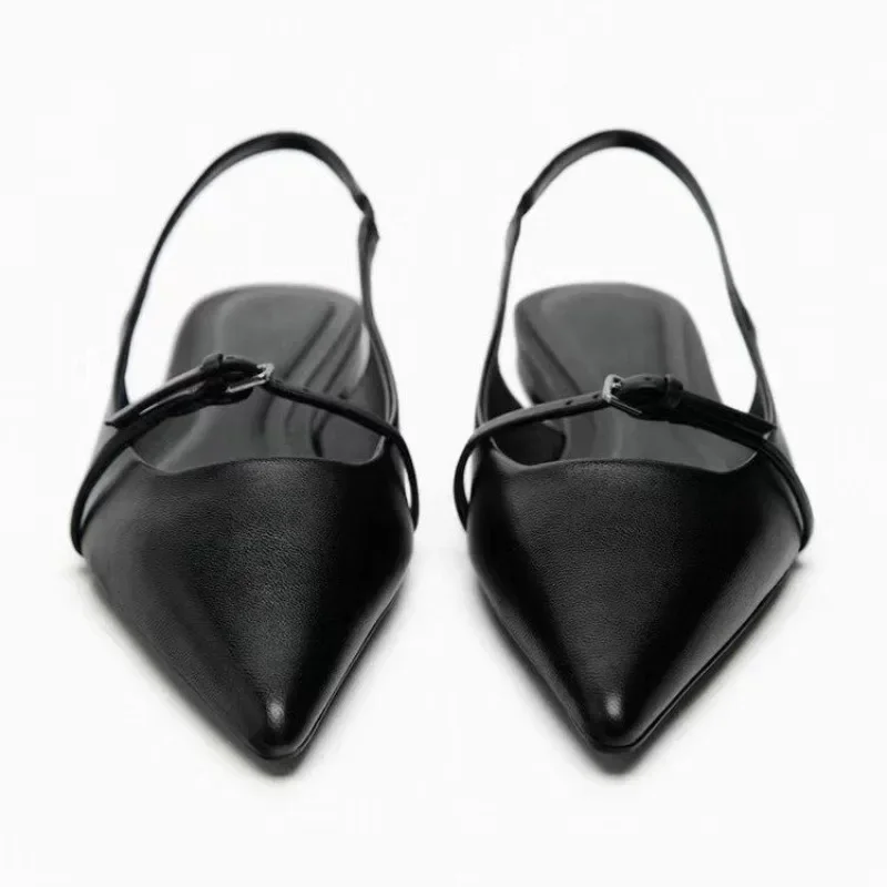 Women Slingback Flat Bottom Sandals Summer New Woman Black Leather Pointed End Female Ballet Shoes Fashion Low Heel Beach Shoes