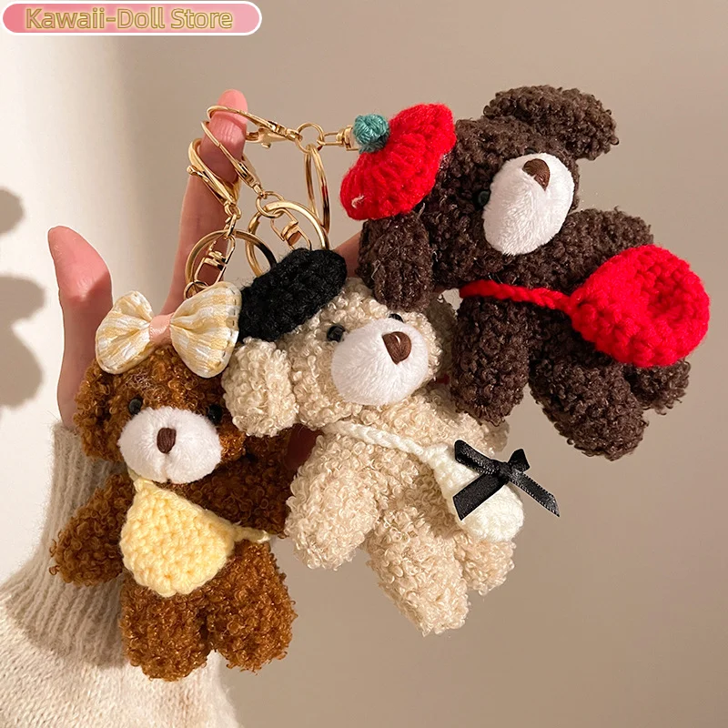 Porte-clés en peluche ours à nœud, poupée en peluche douce de dessin animé, pendentif de voiture, sac à dos, décor de sac, cadeau pour enfant