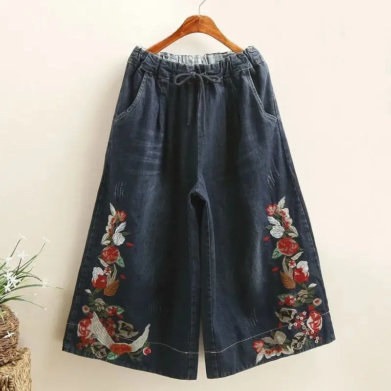 

Baggy Jeans Women Retro Floral Embroidered Wide Legged Pants 2024 Summer Loose High Waist Calf-Length Denim Pants