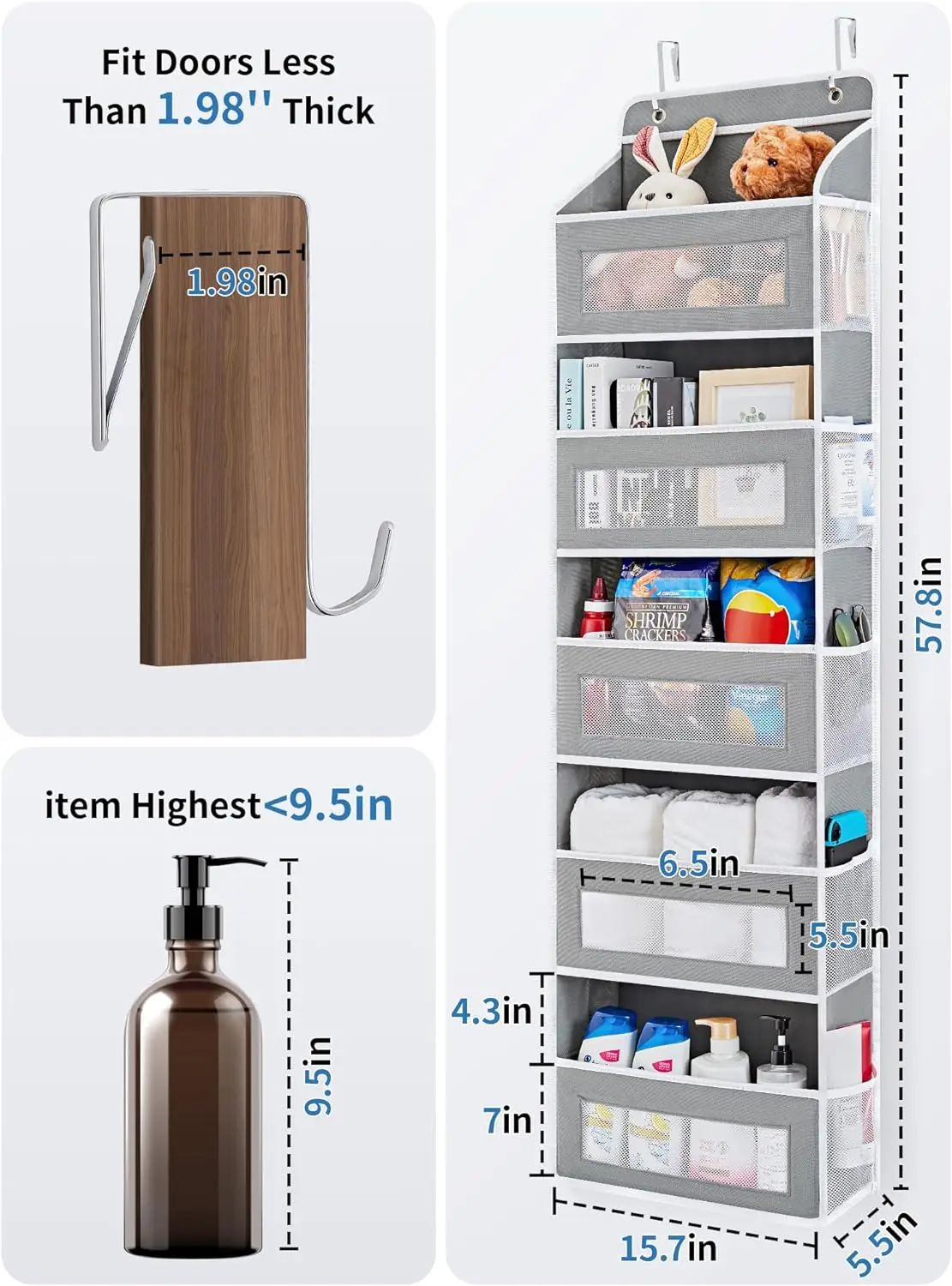 Over the Door Organizer Storage 5 Shelf Hanging Door Organizer with 5 Large Capacity Pockets for Bedroom Bathroom 1pcs