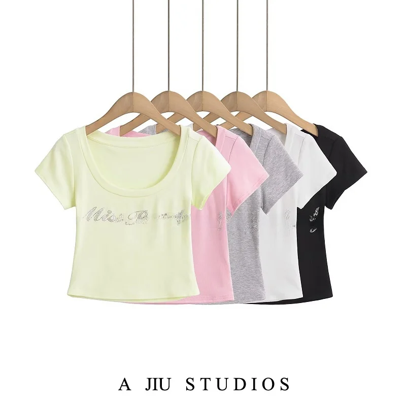 미국 스트리트 스타일 달콤하고 매운 여성용 반팔 티셔츠 슬림핏 여름 개성 레터링 라인스톤 큰 칼라 숏 크롭탑