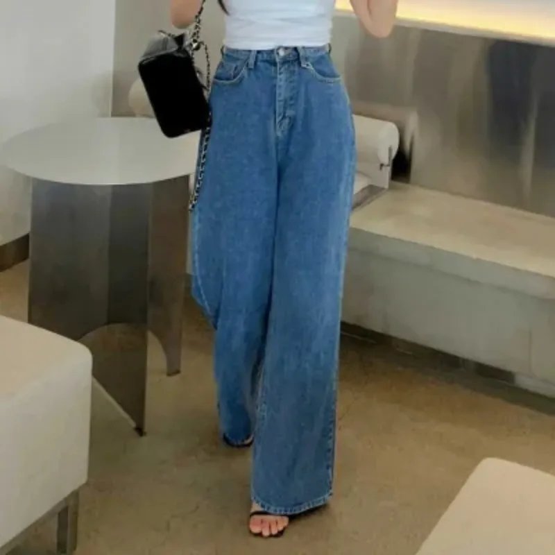 Boyfriend Style Blue Jeans Women Streetwear High Waisted Korean Fashion Straight Jeans Female High Street Denim Pants Mom