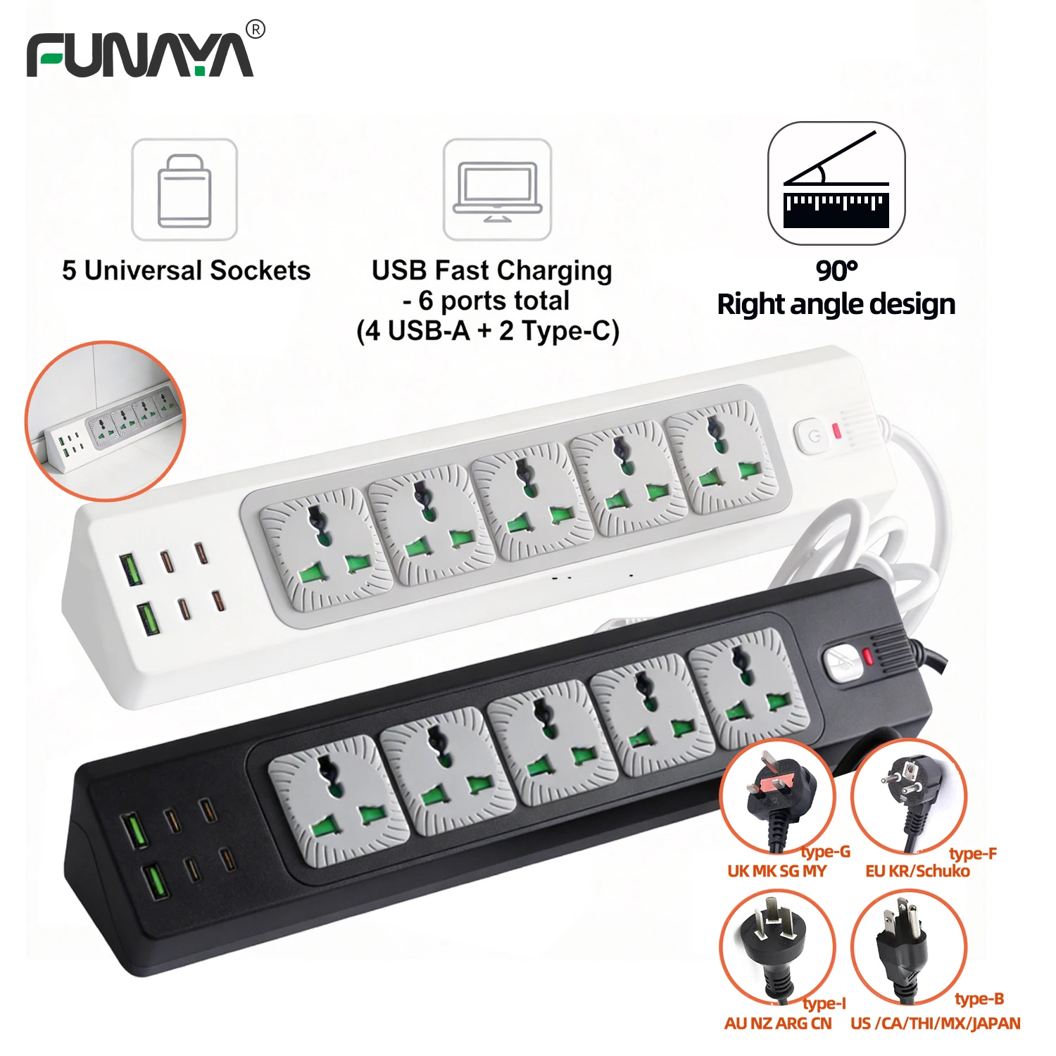 

FUNAYA Universal Power Strip Extension Socket EU US AU UK Multi Plug with USBA C Overload Electric 90° Corner Right Angle Outlet