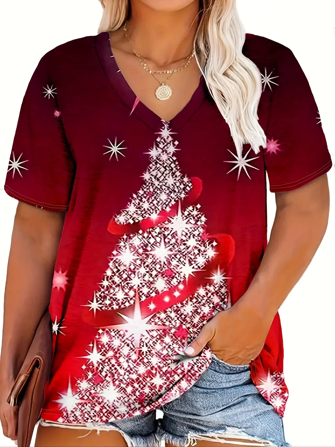 Plus Größe 1XL-5XL Neue Damen V-ausschnitt Casual T-shirt Damen Modische und Komfort Weihnachten Gedruckt T-shirt