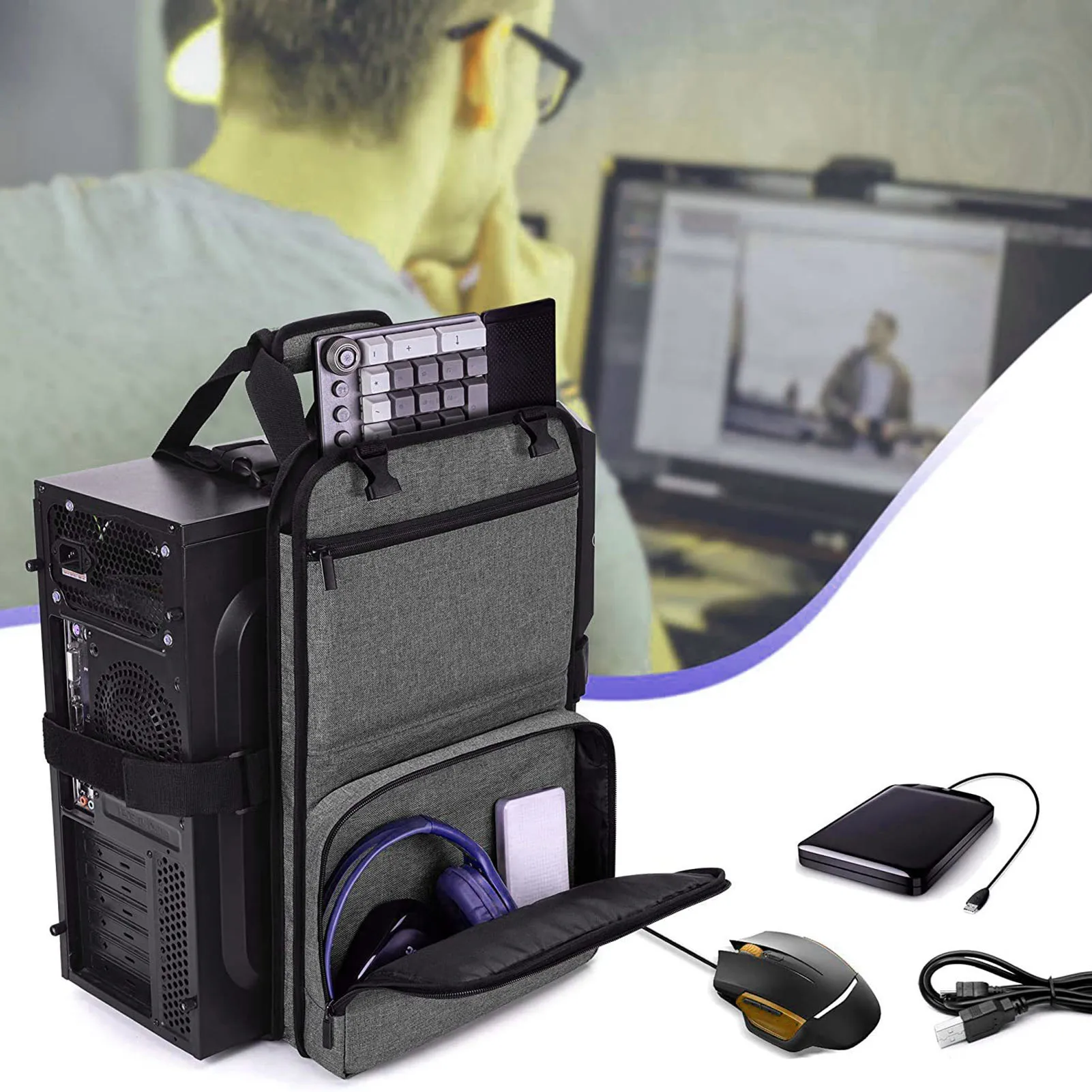 حزام حمل برج الكمبيوتر مع مقبض حقيبة حمل سطح المكتب مع جيوب لكابل لوحة المفاتيح وملحقات الكمبيوتر والبوليستر
