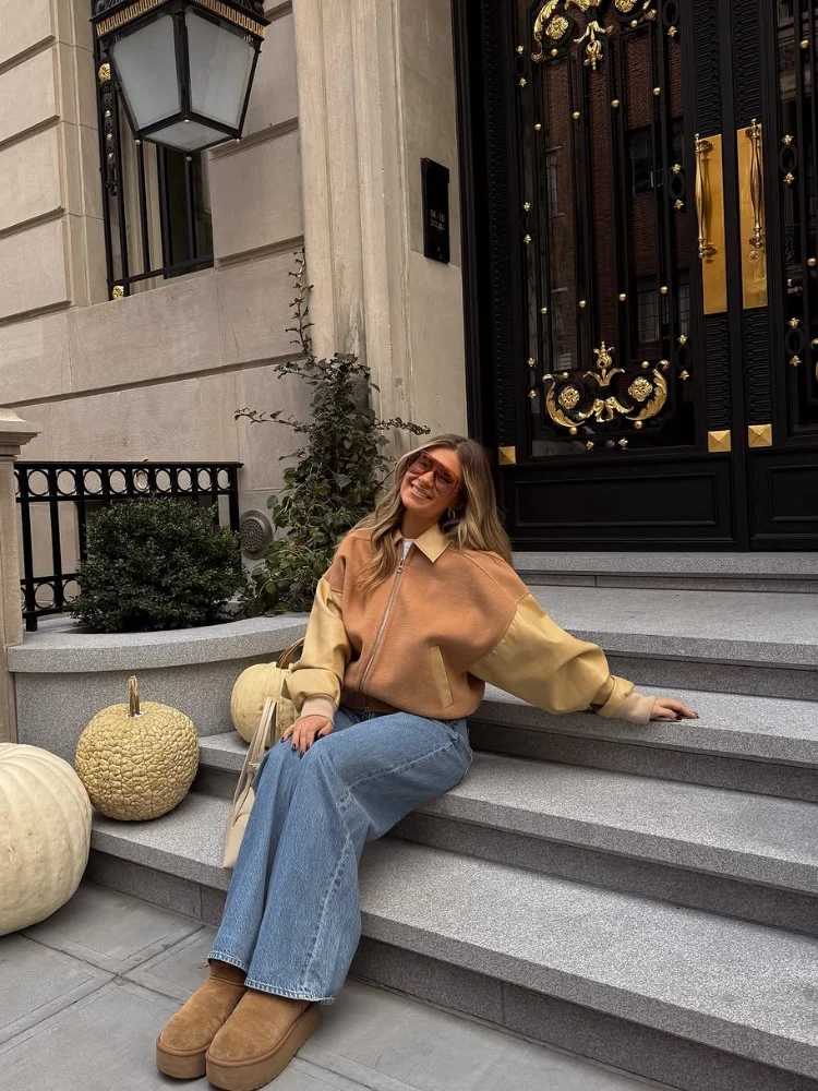 

Women Casual Color Block Short Jacket Fashion Lapel Full Sleeve Zipper Pocket Cropped Coat Lady Daily Commute Street Outerwear