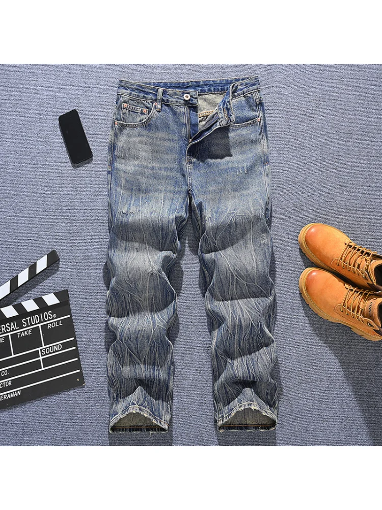تصميم عصري مطبوع على الطراز الكوري جينز عصري للرجال أزياء الشارع ريترو وسيم فضفاض واسع الساق