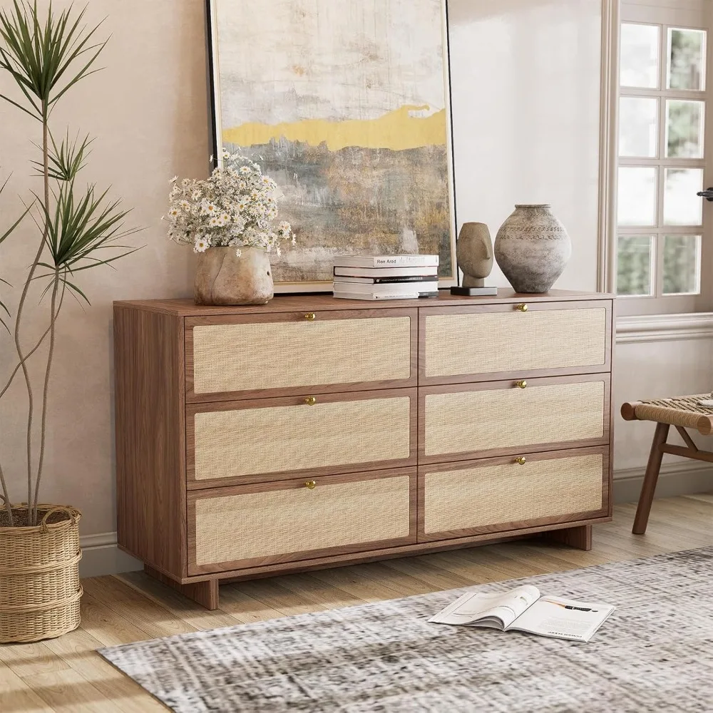 

57“ Storage Cabinet with 6 Drawers, Boho Buffet Cabinets with Ample Storage, Large Accent Credenza, Farmhouse TV Stand, Coffee B