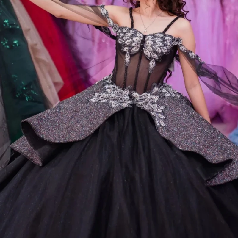 Vestido De quinceañera negro personalizado con hombros descubiertos, corsé, desfile, encaje De flores, dulce 16 15, ropa para fiesta De graduación, Vestidos De XV Anos