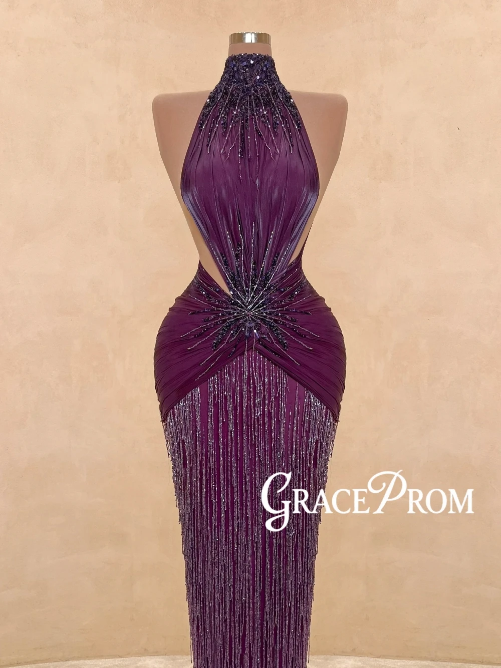 

Purlple Halter Tassel Sparkling Evening Dress Intricate Sexy Bodycon Fit Prom Gown Customized Birthday Party Galas Women Wear