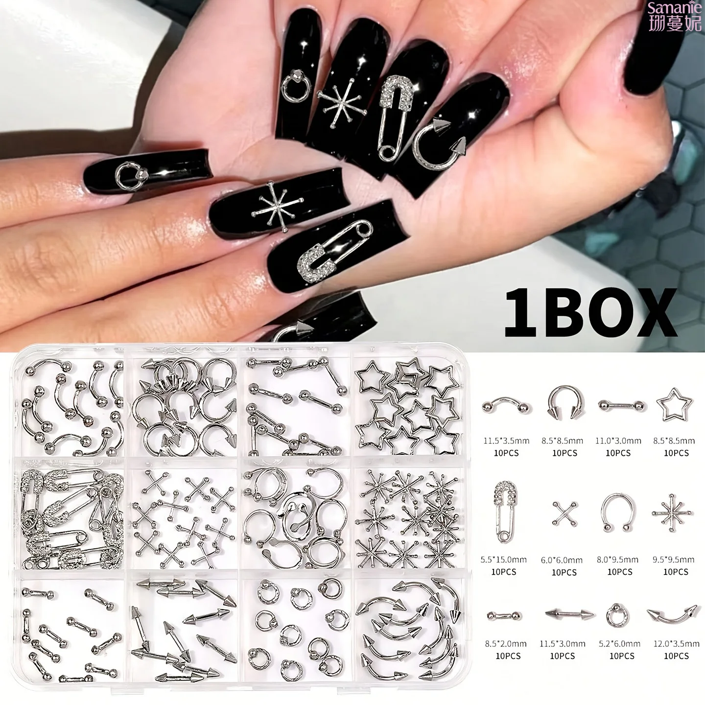 12 Grids Punk Nail Charms Mixed Alloy Safety Pin Star Moon Circle Rivet Nail Art Decorations Silver Metal Nail Ornaments for DIY Manicure Accessories