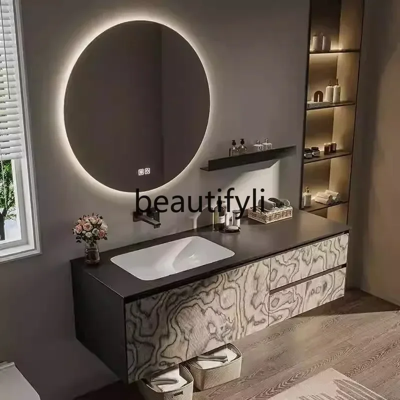 

Modern simple hotel wind bathroom cabinet, rock slab seamless ceramic integrated basin, washstand, wash basin cabinet