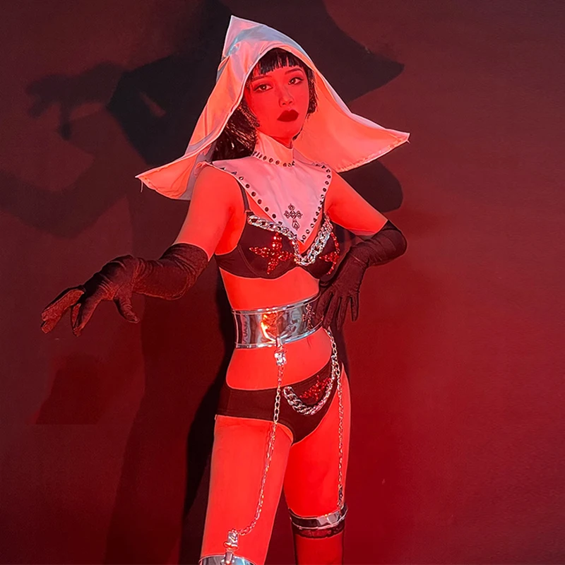 Pole Dance Costume Sexy Bikini Nightclub Gogo Show Dancer Outfit Halloween Nun Rave Festival Clothing Dj Ds Clubwear