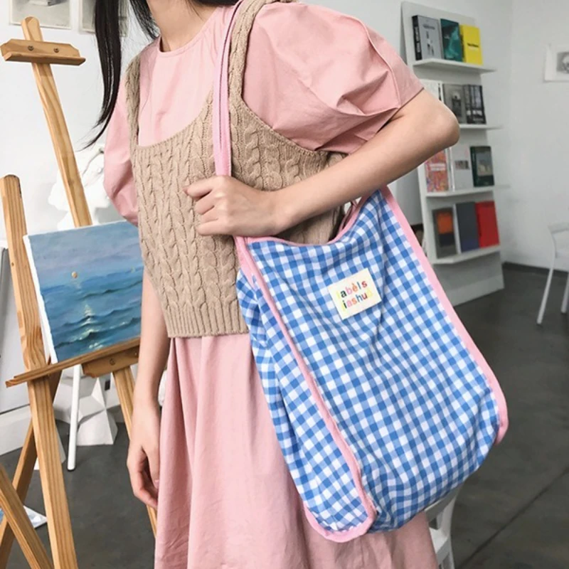 

Korean Dopamine Tote Bag for Girls Navy Red Color Block Tartan Canvas Shoulder Bag Vintage Commuter Bag for Work Preppy